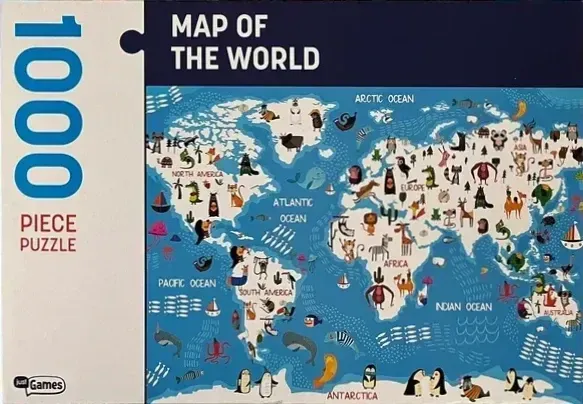 Illustrated world map featuring diverse animals in their native continents and oceans.