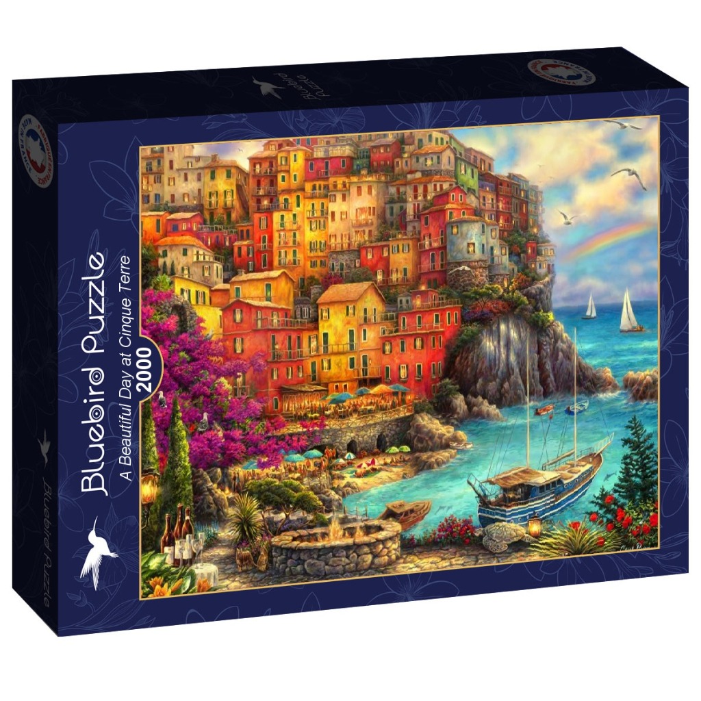 An illustration of a coastal Italian village with colorful houses, a harbor, and a seaside restaurant.