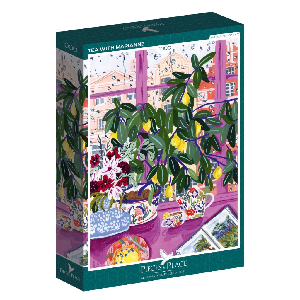 A vibrant painting of a tea setting by a rainy window featuring a potted lemon tree and a bouquet of flowers.