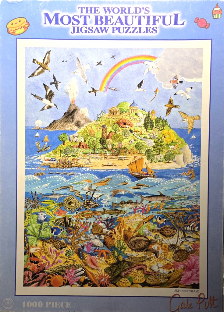 An illustrated, split-view scene of a lush island with diverse wildlife above water and a vibrant coral reef below.