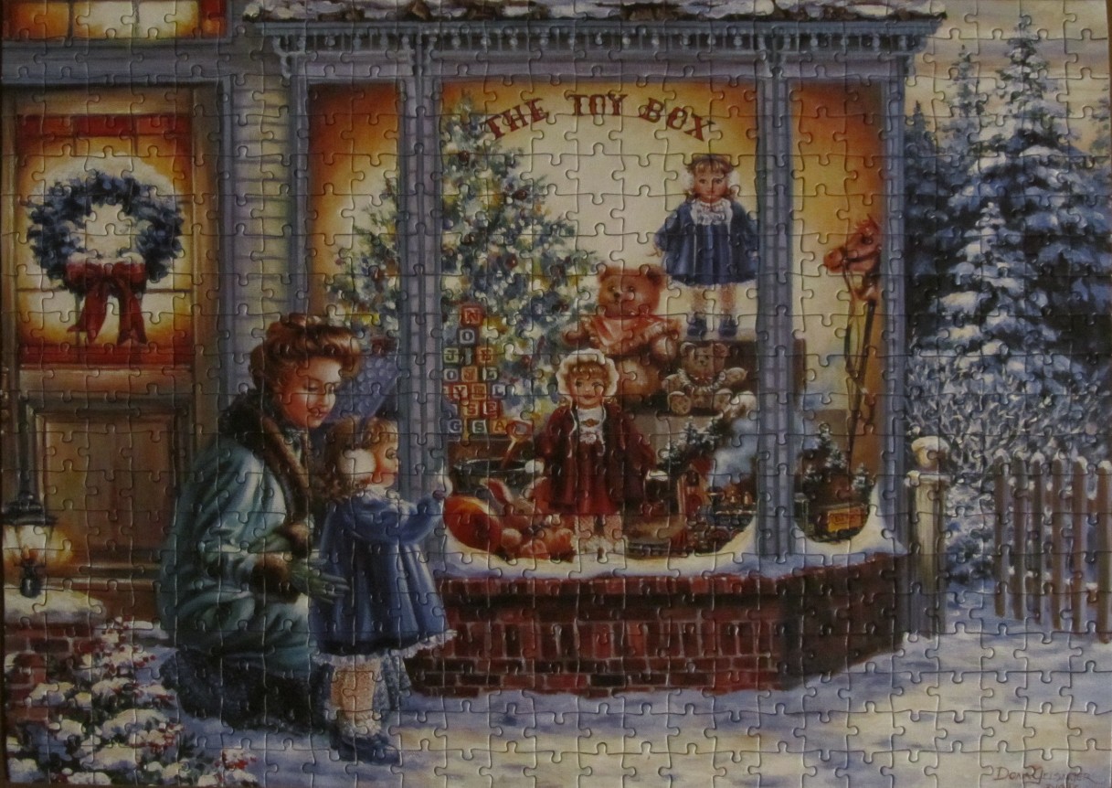 A mother and child gaze into a nostalgic toy store window at Christmastime.