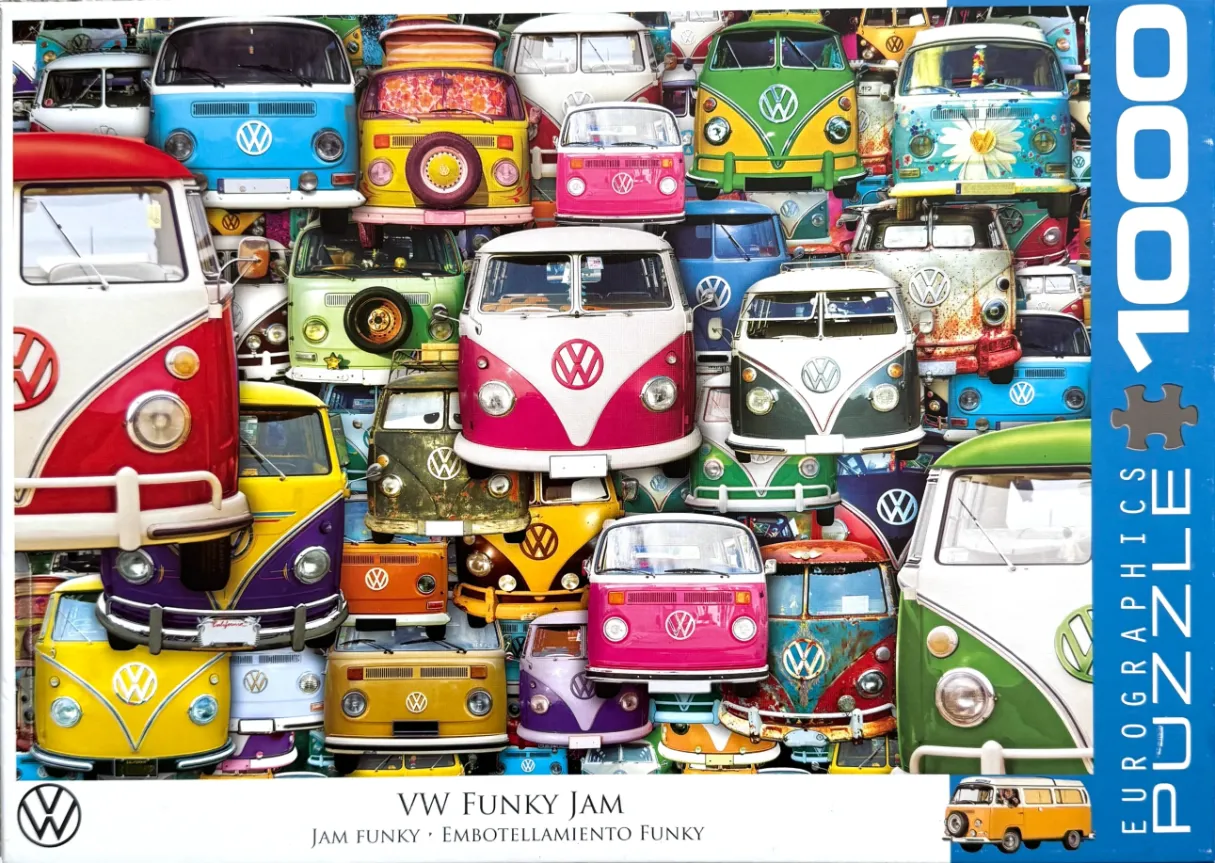 A collage of many colorful vintage Volkswagen buses packed tightly together.