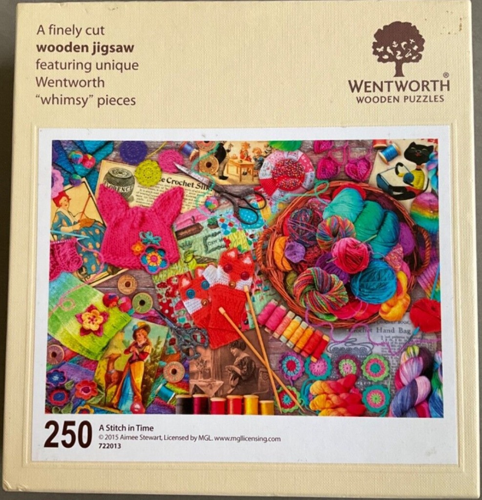 Collage of colorful yarn, knitting supplies, vintage postcards, and crochet items.