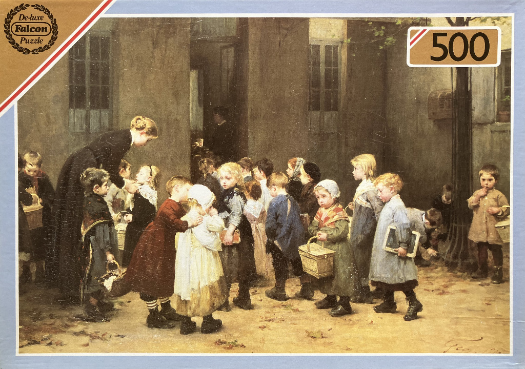 A Victorian-era classroom scene showing a teacher with a group of young children arriving at a school entrance.