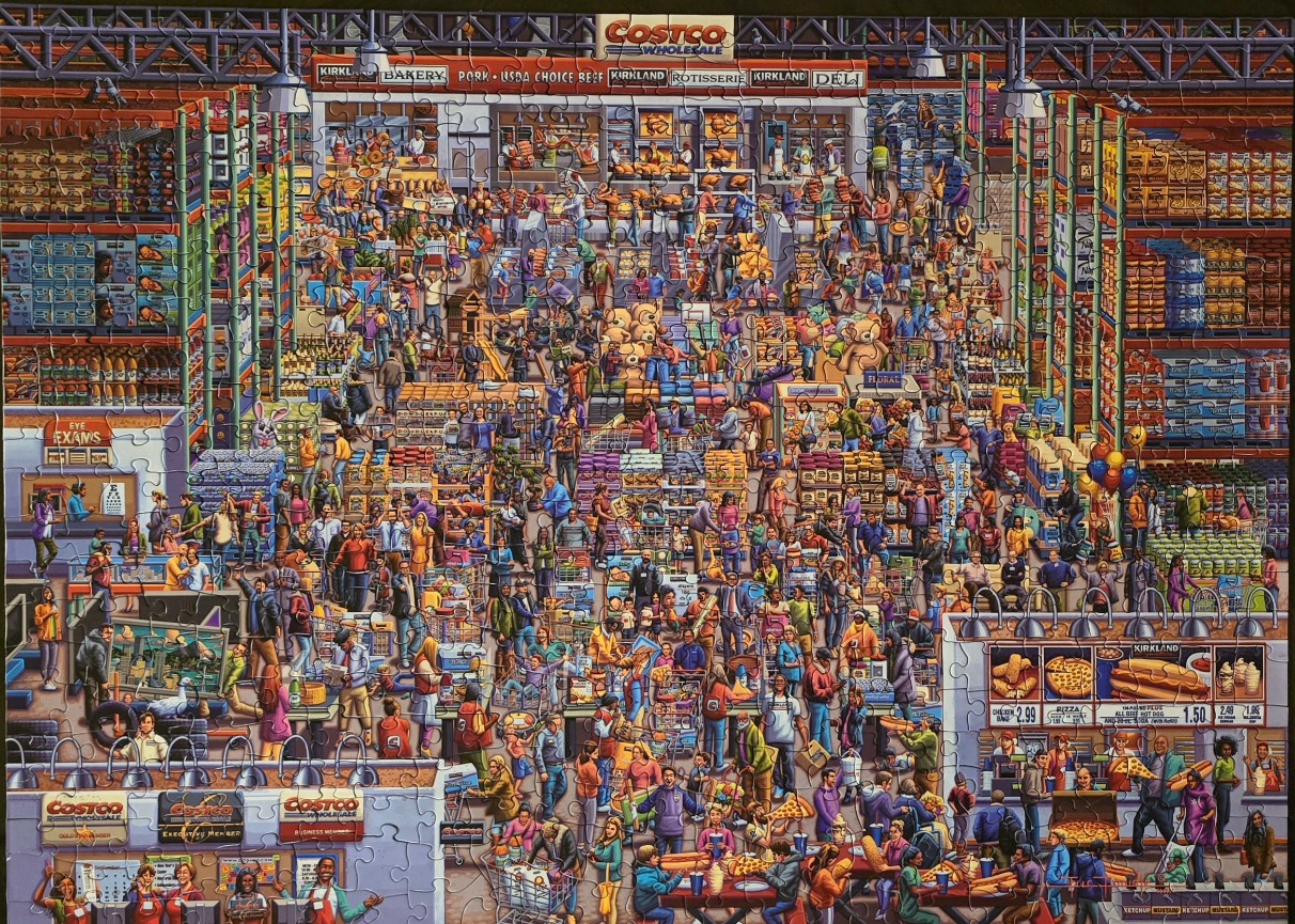 A bustling, highly detailed cartoon illustration of a large wholesale warehouse store interior.