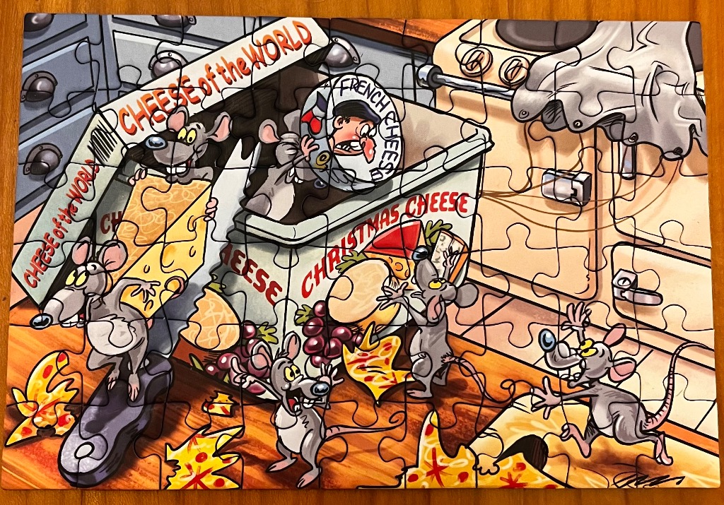 Cartoon mice enjoying cheese in a kitchen.