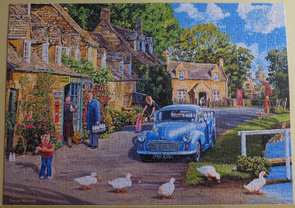 A nostalgic painting of a bustling English village street with a blue pickup truck, stone cottages, and a flock of ducks.