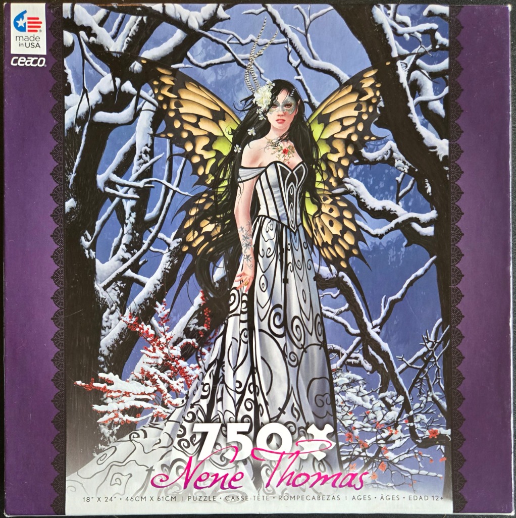A fantasy illustration of a fairy with butterfly wings standing in a snow-covered winter forest.