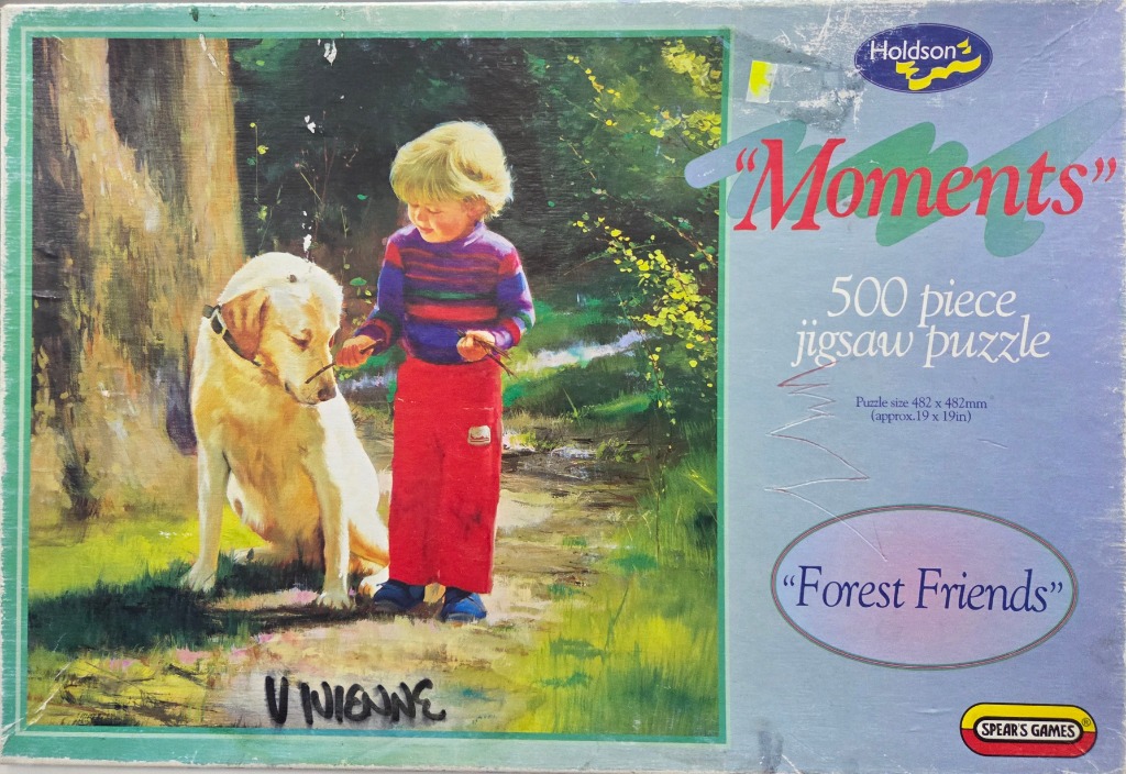 A young child with blonde hair playing with a yellow Labrador in a sunny forest setting, rendered in an oil painting style.