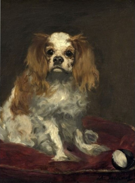 Oil painting of a blenheim Cavalier King Charles Spaniel sitting on a red cushion with a ball.