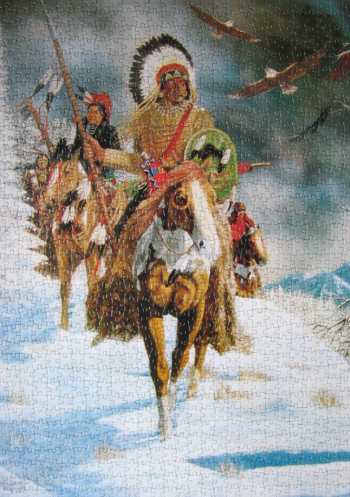Painting of Native American warriors on horseback riding through a snowy landscape with eagles flying overhead.