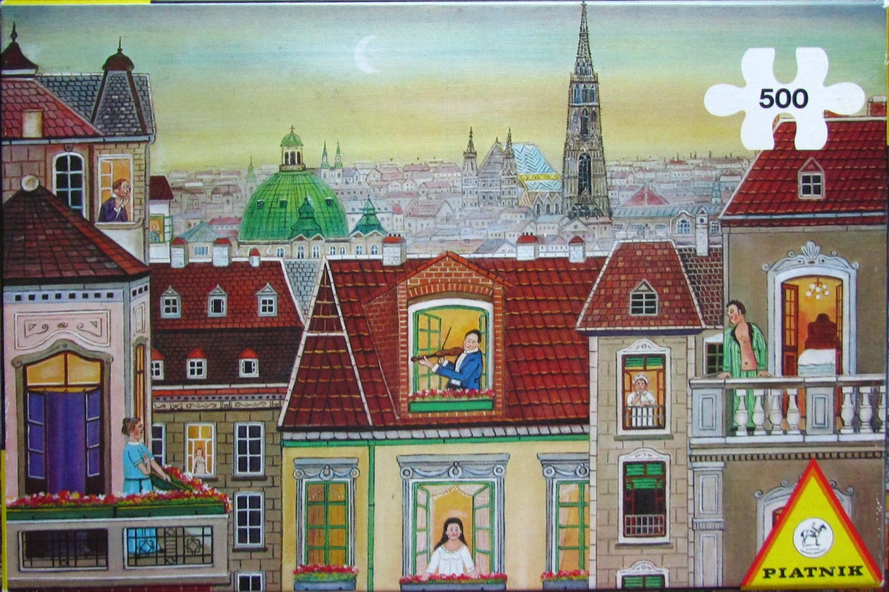 A whimsical illustration of a European cityscape with various people looking out from open windows and balconies.