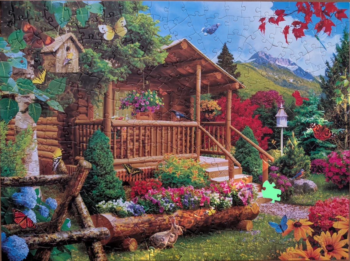 A cozy log cabin in a lush mountain garden filled with colorful flowers, birds, and butterflies.
