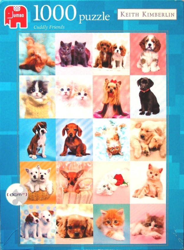 A collage of twenty individual portraits of adorable puppies and kittens against various soft, pastel-colored backgrounds.