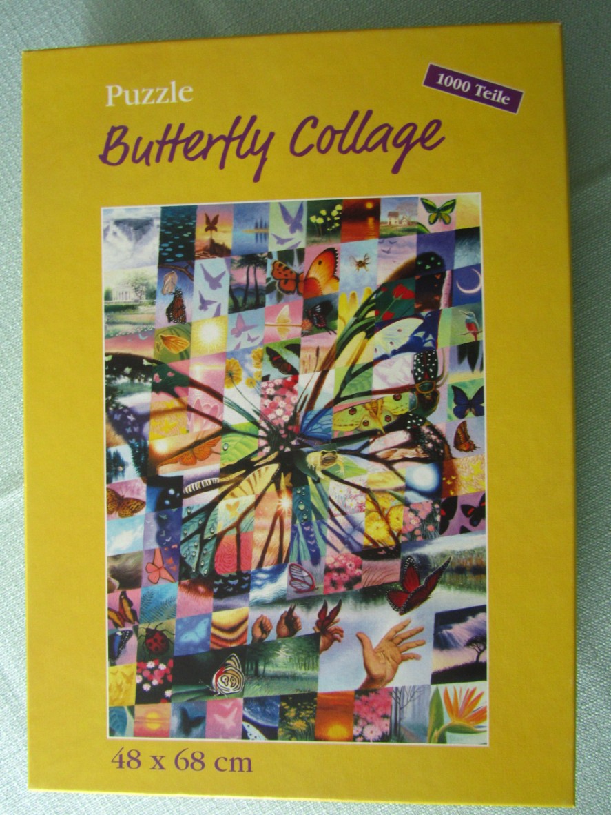 A montage of various butterfly-themed images arranged in a grid forming the shape of a large butterfly.