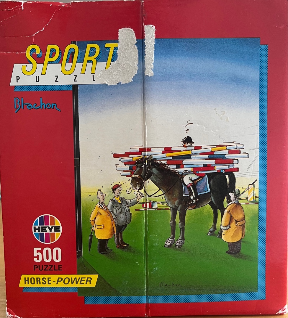 Cartoon illustration of a horse carrying a large stack of jumping obstacles with three men looking on in amazement.