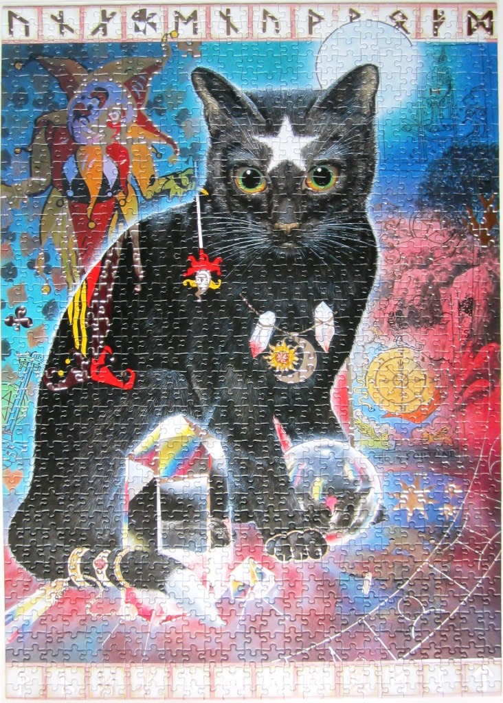 A black cat with a white star on its forehead sits surrounded by mystical and jester-themed imagery.