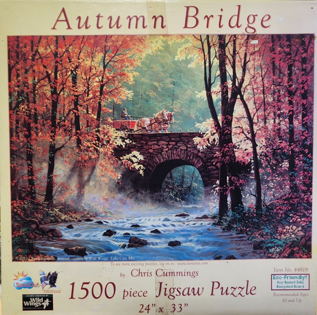 An oil painting of a horse-drawn cart crossing a stone arch bridge over a misty stream in an autumn forest.
