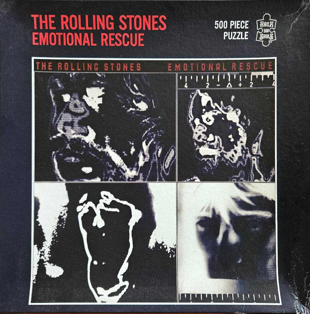 The Rolling Stones Emotional Rescue album cover art with four high-contrast thermographic images.