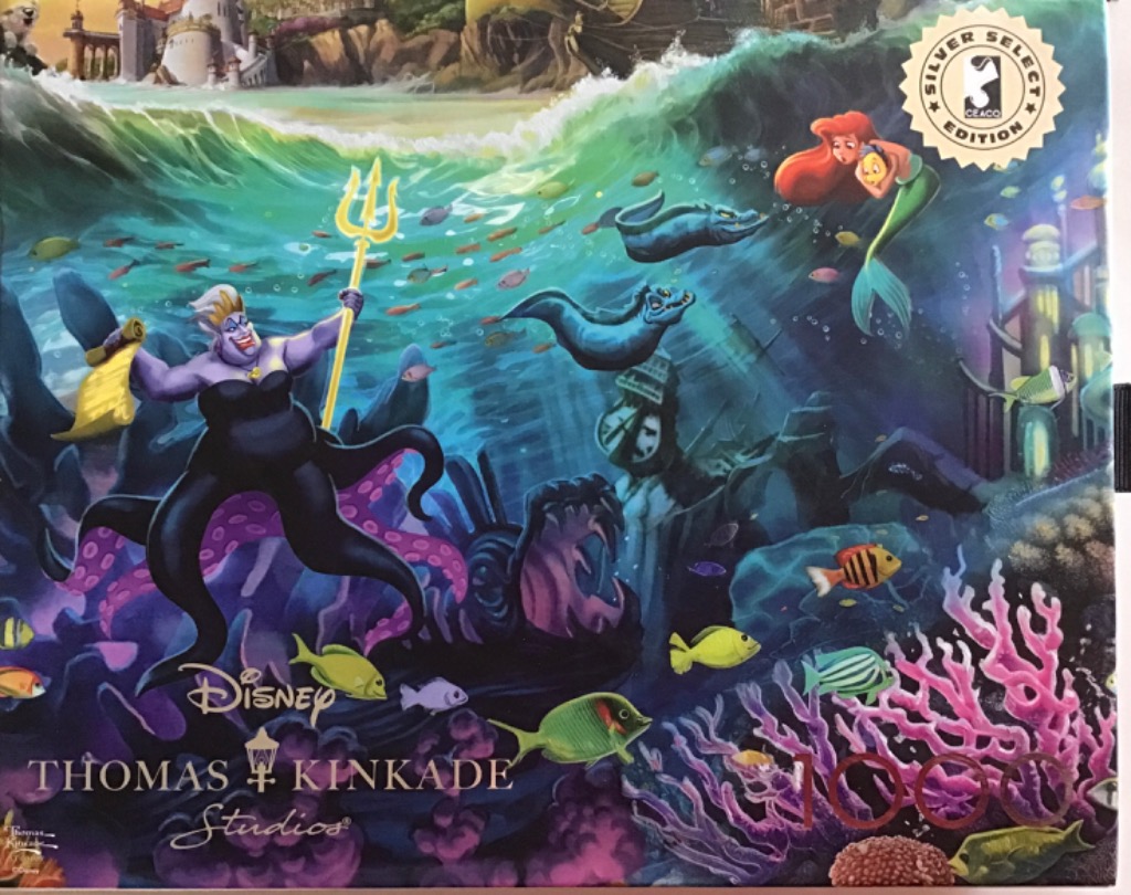 A fantasy illustration of Ursula and Ariel underwater from The Little Mermaid, in a painterly Thomas Kinkade style.