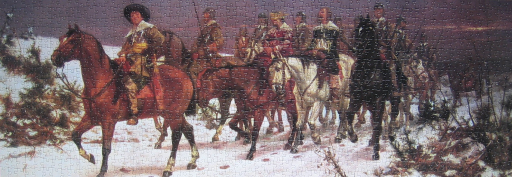 A painting of a 17th-century cavalry troop riding through a snowy landscape at sunset.