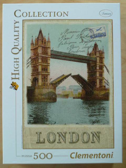 Vintage postcard style illustration of London's Tower Bridge with its bascules raised over the River Thames.