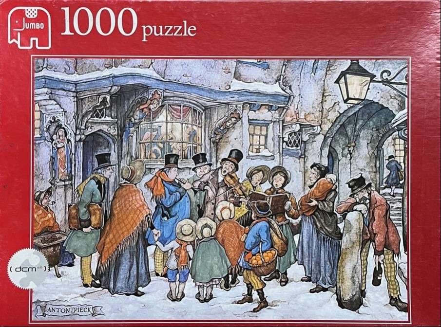 A wintry scene by Anton Pieck showing street musicians and figures in Victorian attire in front of an old storefront.