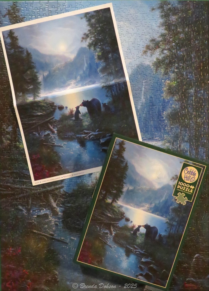 A peaceful mountain lake scene at twilight featuring a mother bear and her cubs.