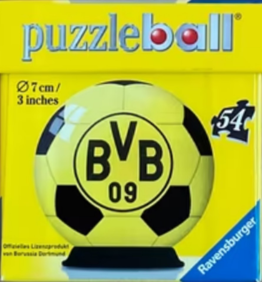 A spherical soccer ball puzzle featuring the Borussia Dortmund logo on a yellow background.