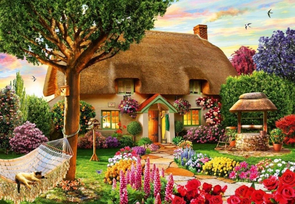 A cozy thatched-roof cottage in a lush garden with a hammock and a stone well.