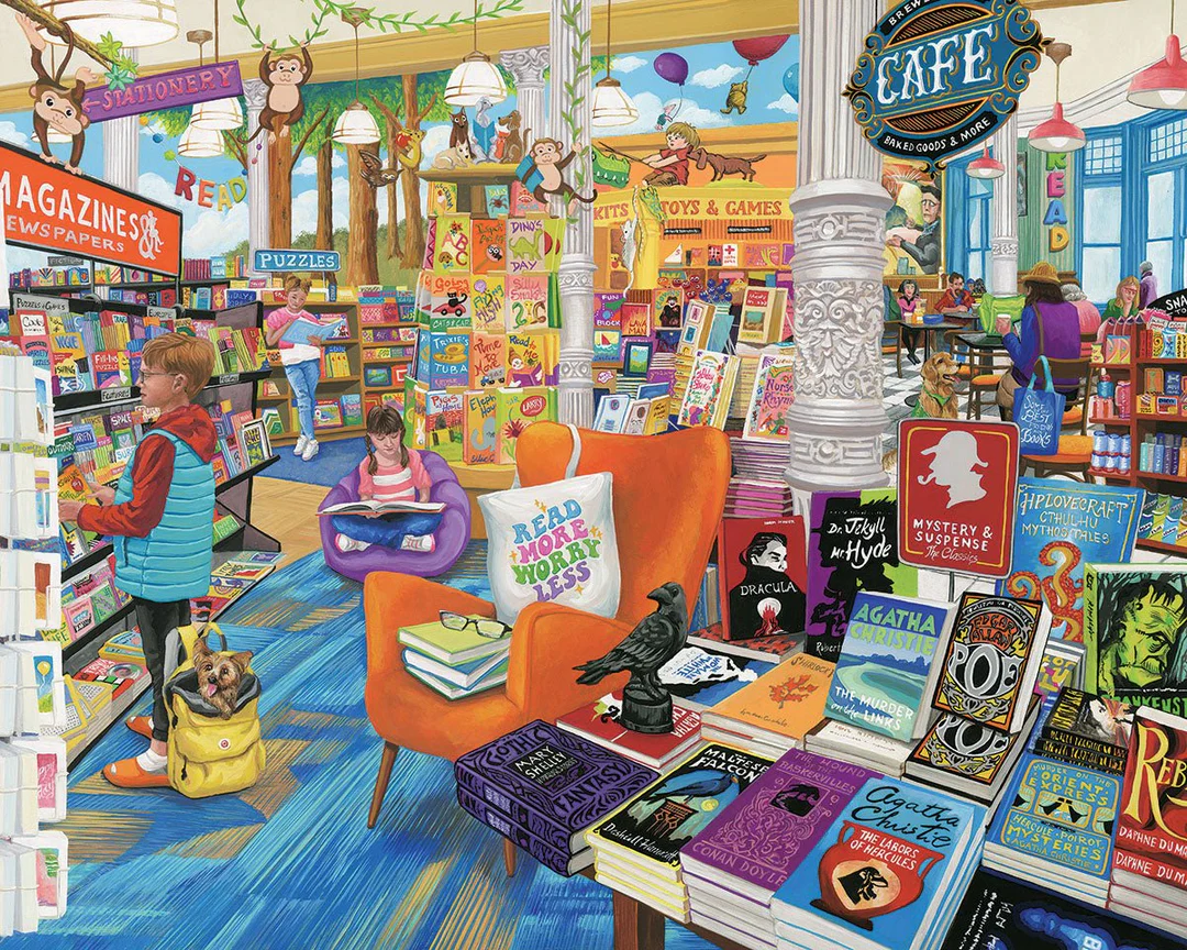 A whimsical, brightly colored bookshop interior filled with diverse readers and classic literature displays.