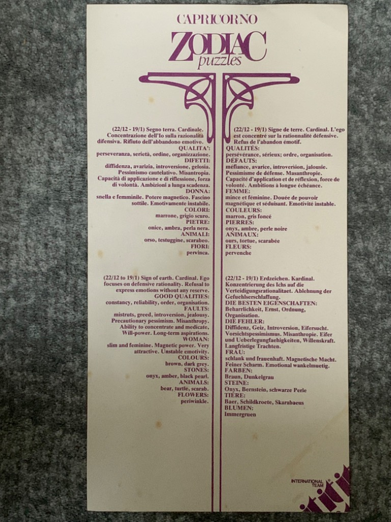 A rectangular informational sheet about the Capricorn zodiac sign, presented in four languages with decorative lines.