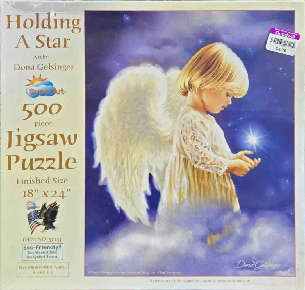Painting of a young blonde angel holding a glowing star against a deep purple starry sky.