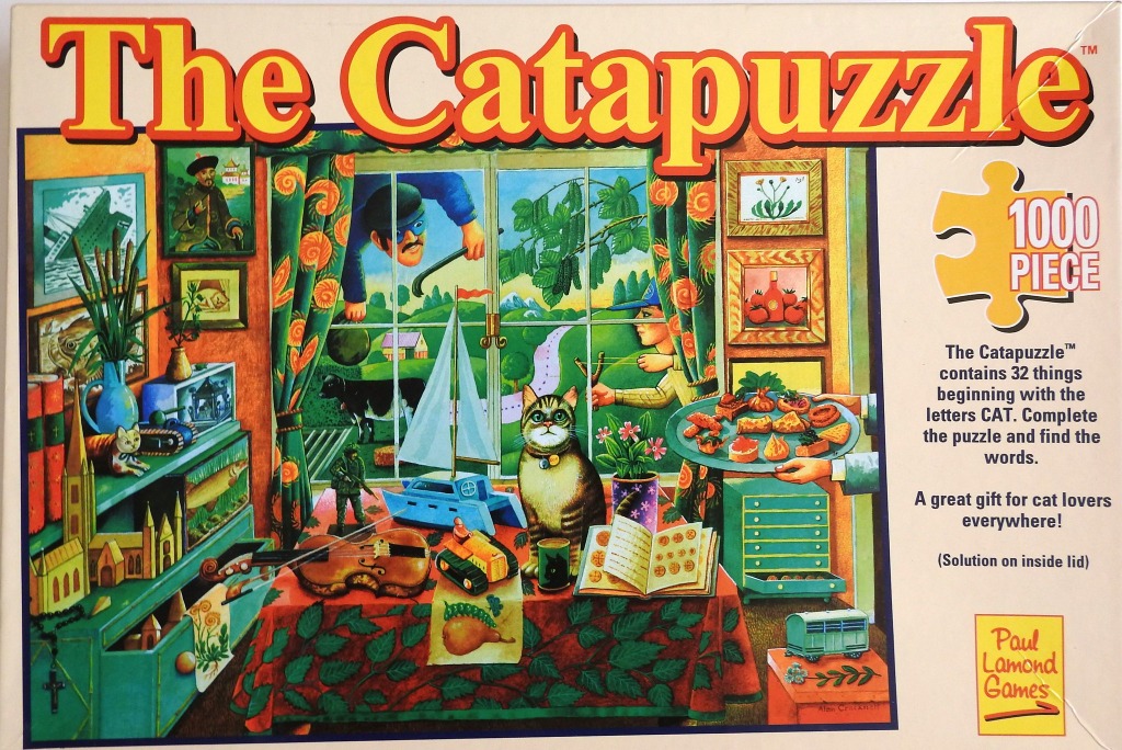A whimsical illustration of a room interior filled with hidden objects starting with the letters CAT.