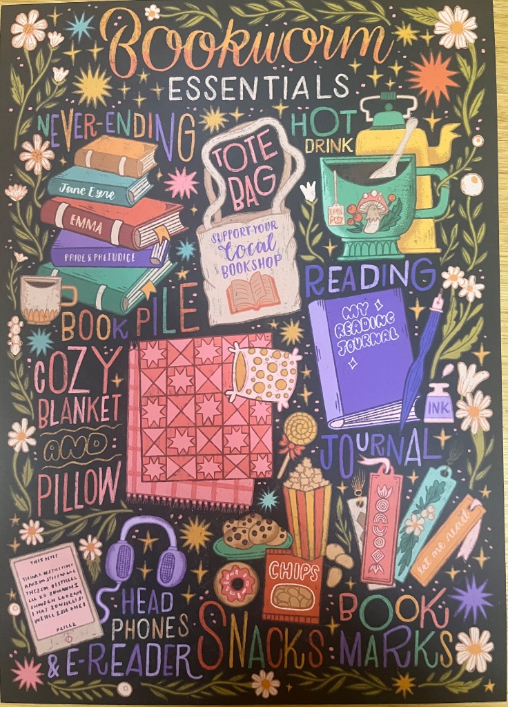 Illustrated 'Bookworm Essentials' chart featuring books, snacks, cozy items, and reading accessories on a black background.