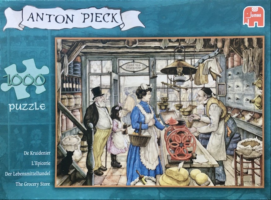 Detailed illustration of a Victorian-era grocery store with a shopkeeper, a woman in a blue dress, and a man in a top hat.