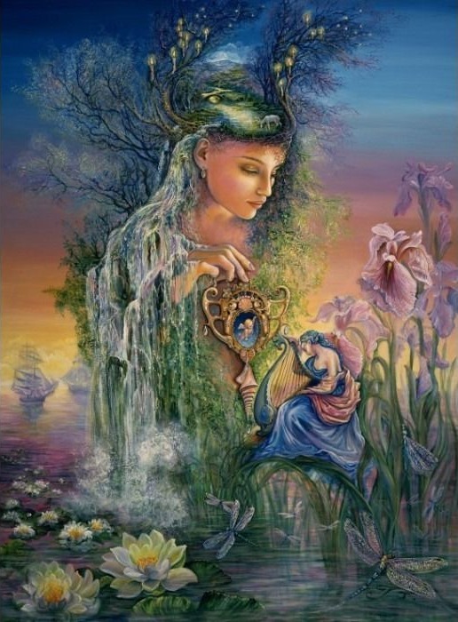 Surreal illustration of a nature goddess merging with a waterfall, flora, and a harpist