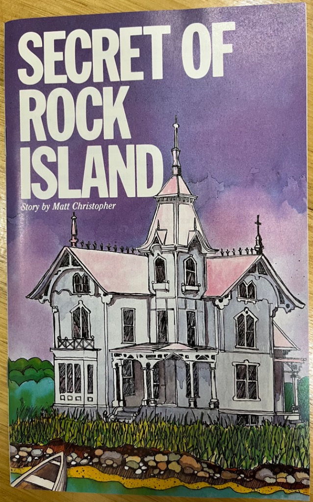 An illustration of an ornate Victorian house on a waterfront at twilight.