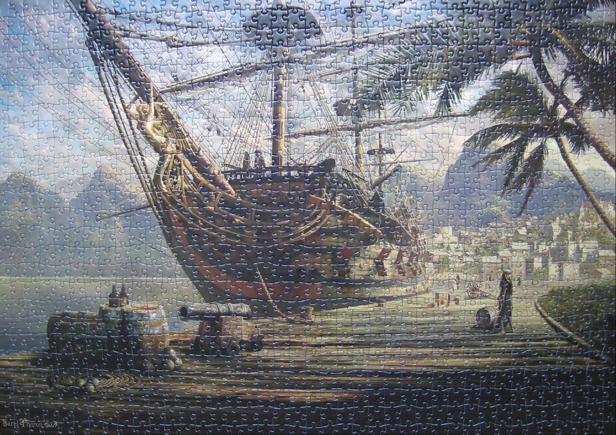 A detailed painting of a pirate ship docked at a tropical harbor with a figure standing on a wooden pier.