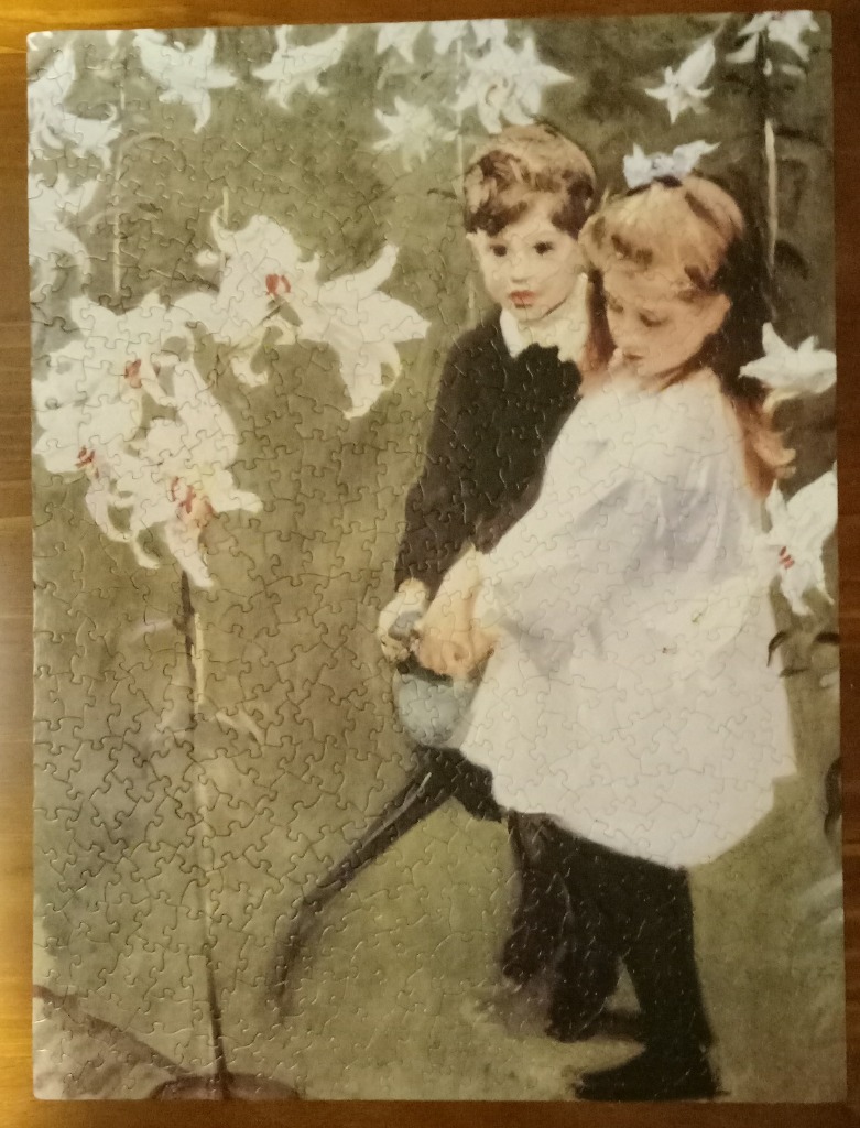 A painting of a young boy and girl standing together in a garden surrounded by white lilies.