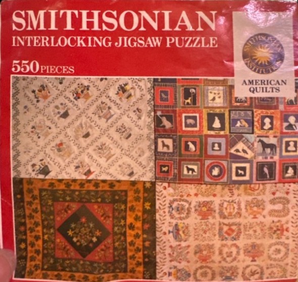 A collage featuring four distinct American quilt designs with floral, animal, and geometric patterns.