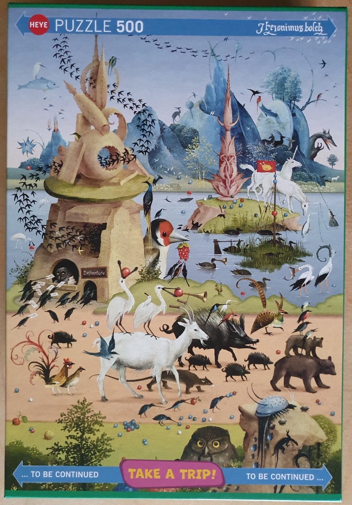 A surrealist painting in the style of Hieronymus Bosch, featuring a landscape filled with hybrid animals and strange structur