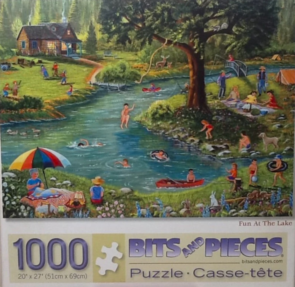 A busy outdoor scene of children and adults enjoying a sunny day by a river, with a cabin in the background.