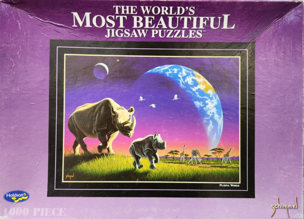 A surreal illustration of a rhinoceros and calf walking across a savanna under a massive planet in a purple sky.