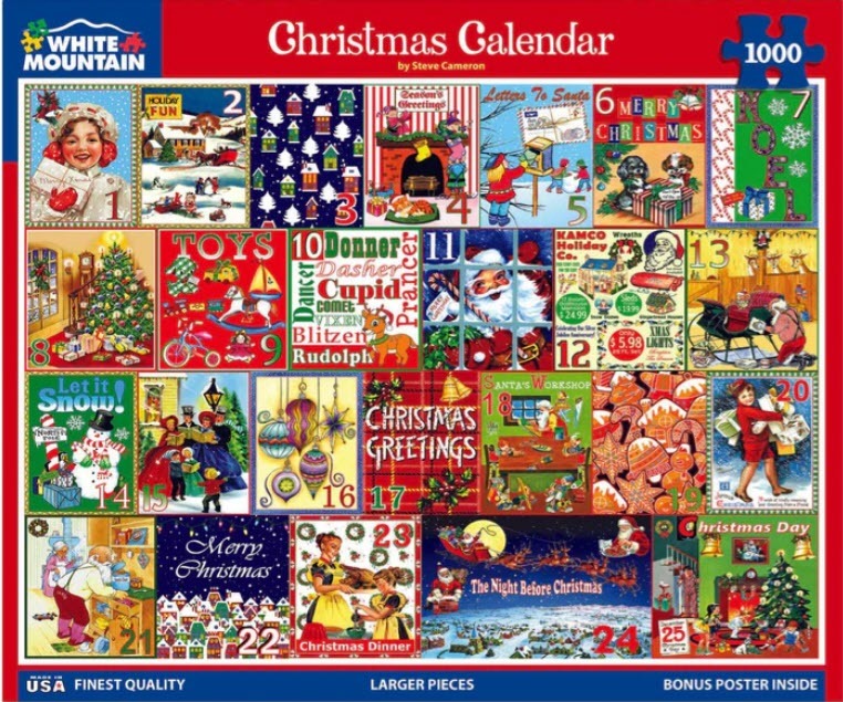 A montage of 25 vintage-style Christmas illustrations organized as a numbered advent calendar.