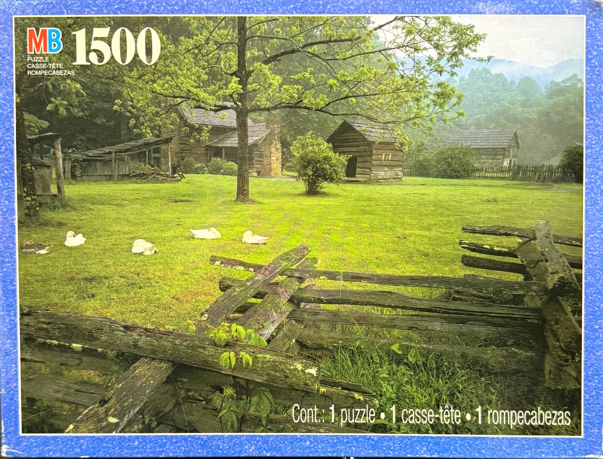 A peaceful rural scene with rustic log cabins, a green meadow, and white geese in the grass.