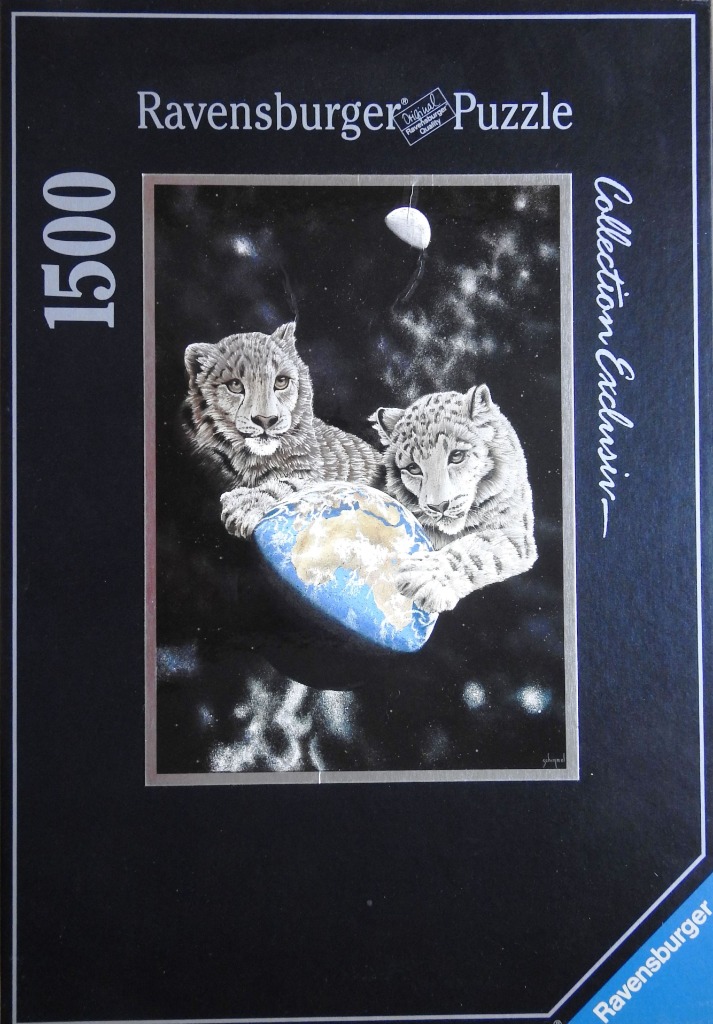 Two snow leopard cubs resting their paws on a globe in outer space under a crescent moon.