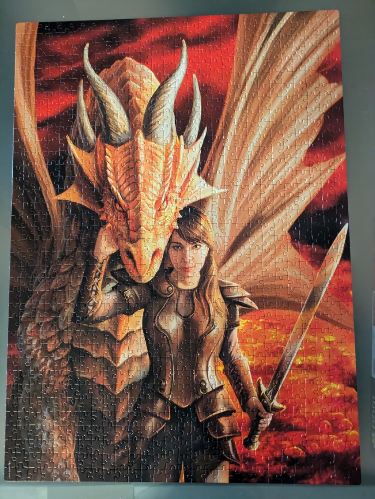 A fantasy illustration of a woman in armor standing with a large gold dragon against a fiery background.