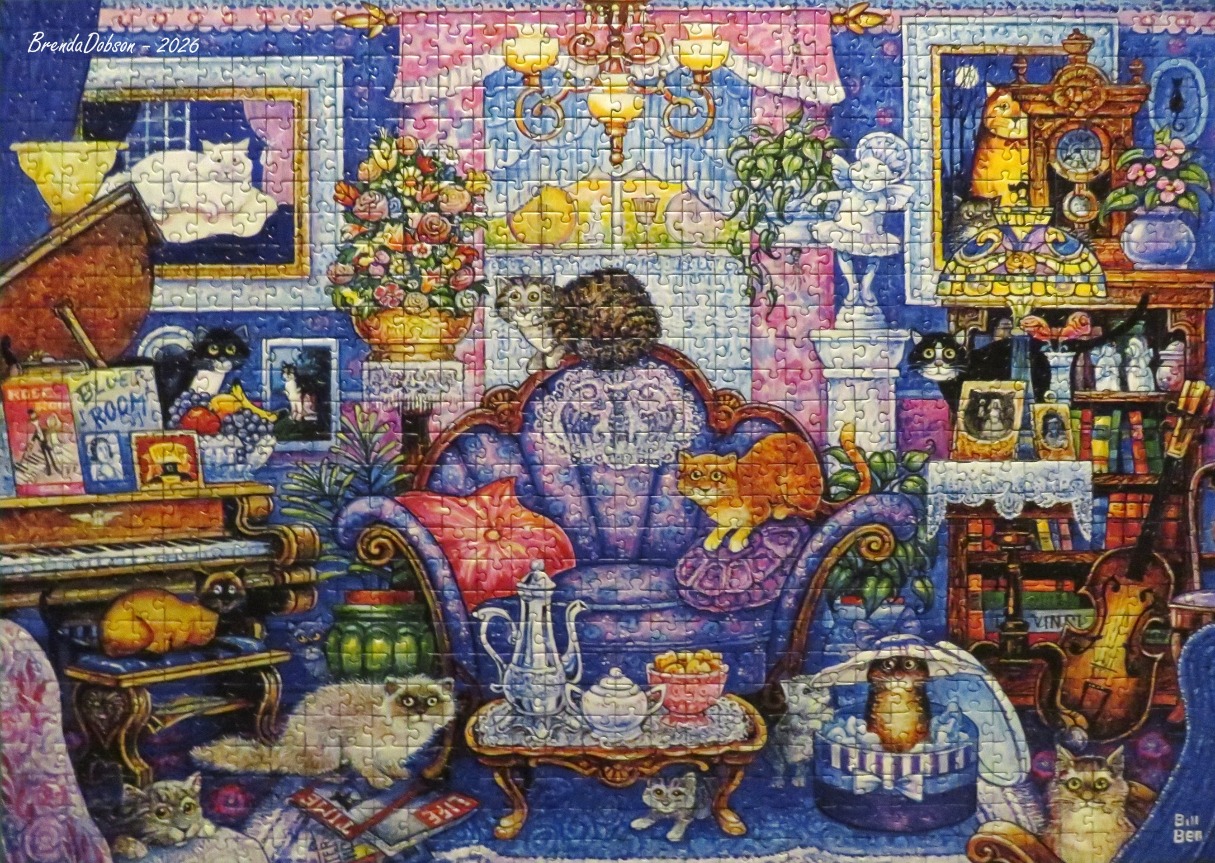 A whimsical illustration of a cozy room filled with many cats, furniture, and personal decor items in vibrant blue and purple
