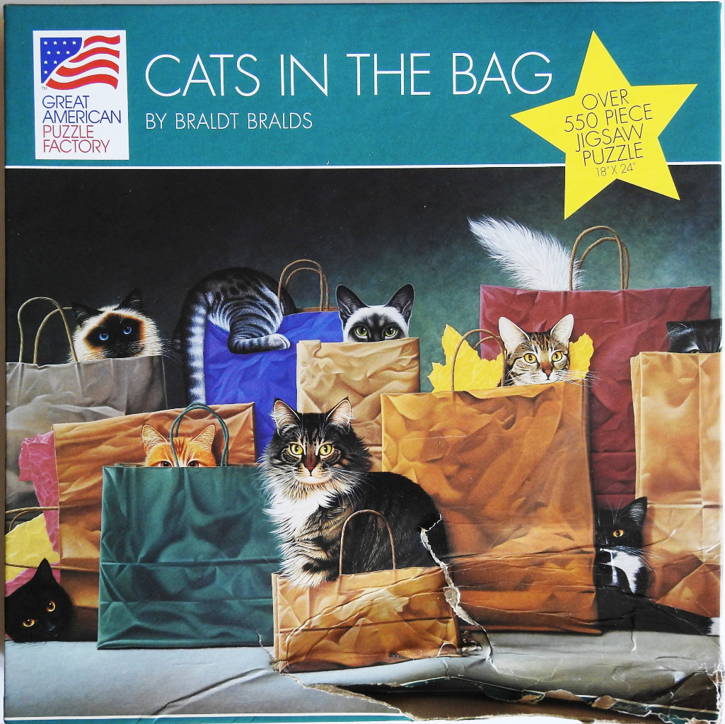 A detailed painting of various cats hiding inside and behind several different colored paper shopping bags.